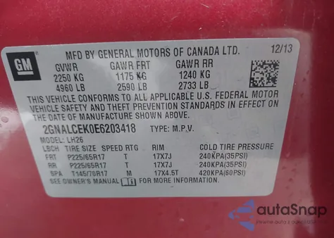 2014 Chevrolet Equinox 2Lt from USA, damaged, VIN 2GNALCEK0E6203418